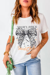 White SPOOKY WITCH Leopard Bowknot Bat Graphic Halloween T Shirt Graphic Tees JT's Designer Fashion