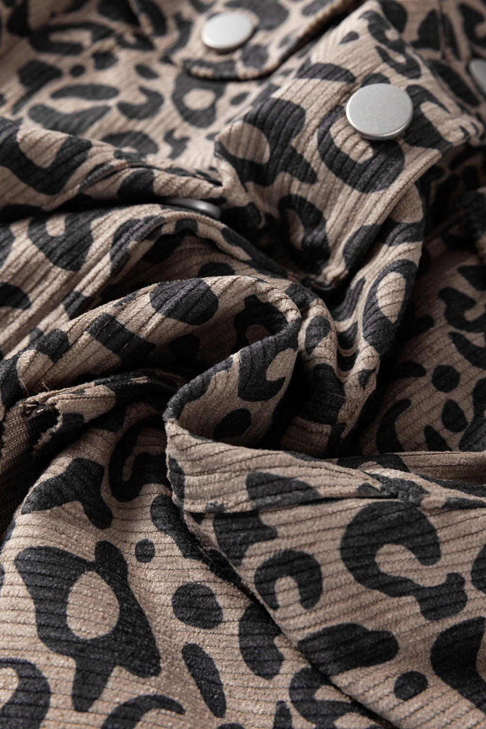 Dark Khaki Leopard Print Corduroy Irregular Hem Buttoned Jacket Jackets JT's Designer Fashion
