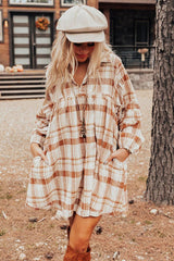 Brown Plaid Print Side Pockets Frilled Babydoll Mini Dress Mini Dresses JT's Designer Fashion