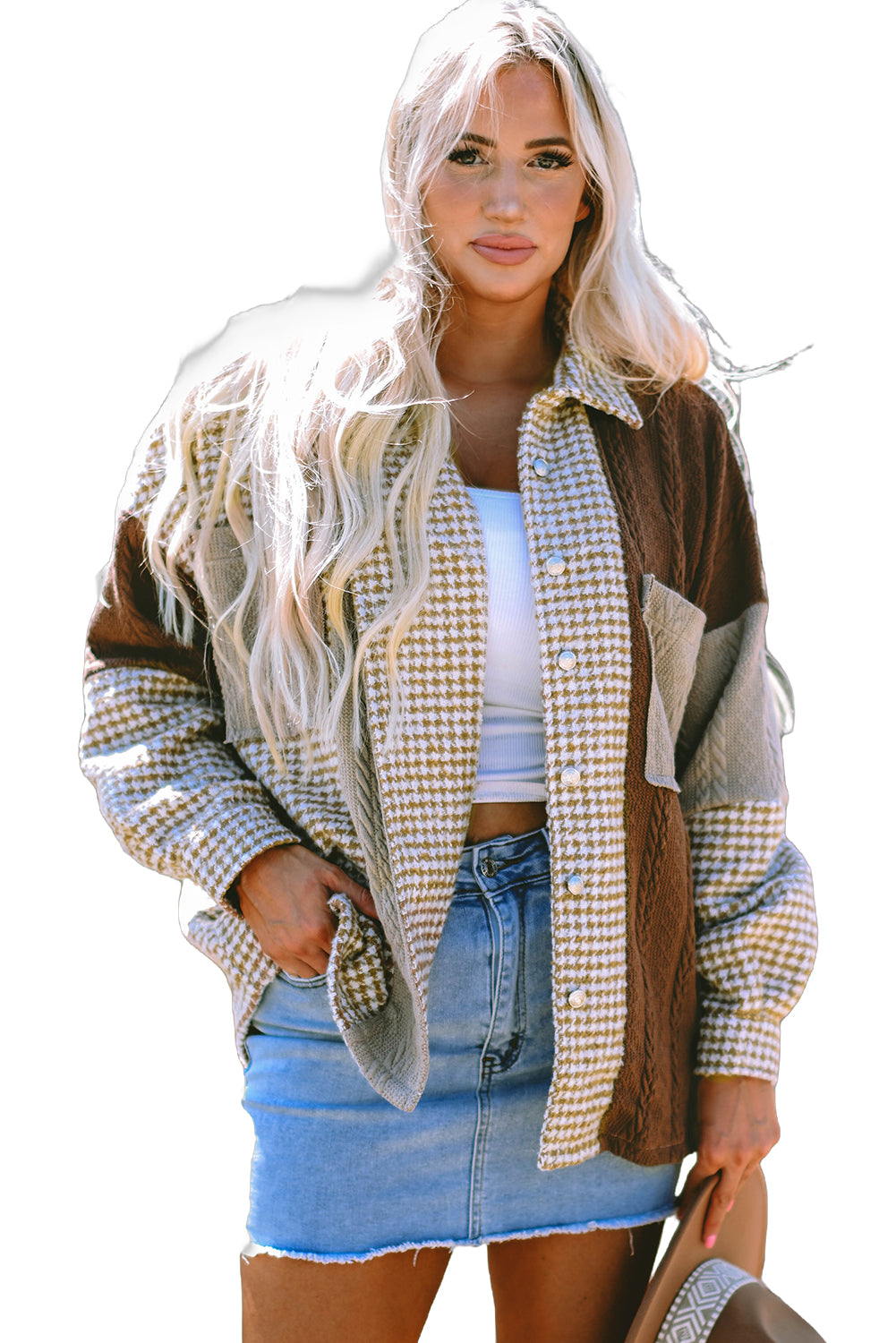 Khaki Houndstooth Color Contrast Textured Patchwork Loose Shacket Jackets JT's Designer Fashion