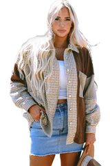 Khaki Houndstooth Color Contrast Textured Patchwork Loose Shacket Jackets JT's Designer Fashion