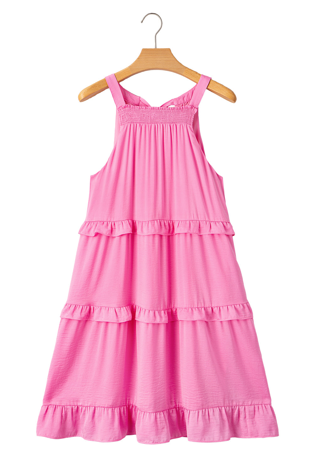 Pink Smocked Neck Knot Back Frilly Tiered Sleeveless Mini Dress Mini Dresses JT's Designer Fashion