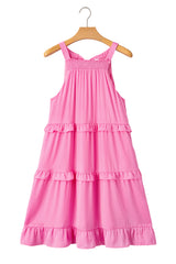 Pink Smocked Neck Knot Back Frilly Tiered Sleeveless Mini Dress Mini Dresses JT's Designer Fashion