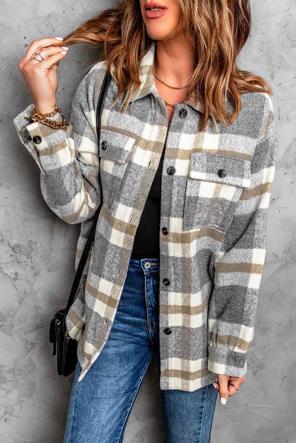 Brown Plaid Print Pocket Women Shacket Plaid Shackets JT's Designer Fashion