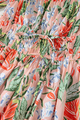 Apricot Pink Floral Smocked Bust Bubble Short Sleeve Long Dress Maxi Dresses JT's Designer Fashion