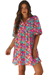 Sky Blue Floral Print Tie Split Neck Bubble Sleeve Babydoll Dress Floral Dresses JT's Designer Fashion