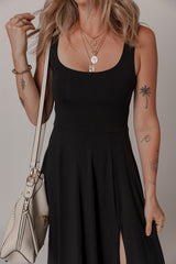 Black Sleeveless Scoop Neck Flared Split Midi Dress Midi Dresses JT's Designer Fashion