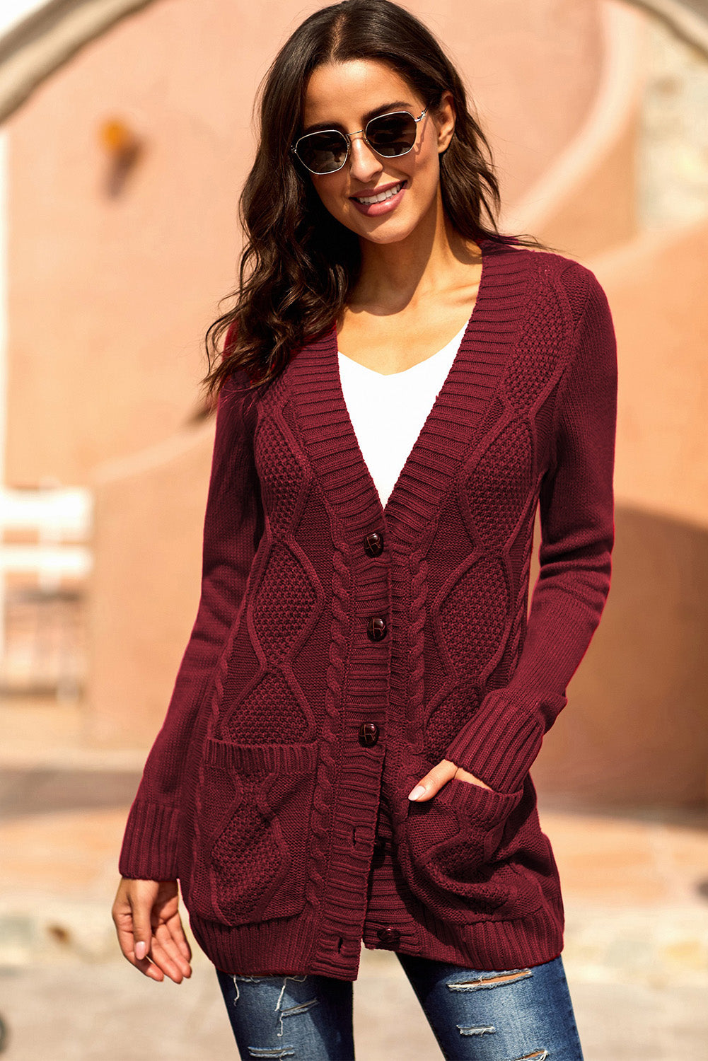 Burgundy Front Pocket and Buttons Closure Cardigan Sweaters & Cardigans JT's Designer Fashion