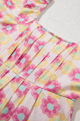 Rose Vibrant Floral Square Neck Puff Sleeve Pleated Flared Midi Dress Floral Dresses JT's Designer Fashion