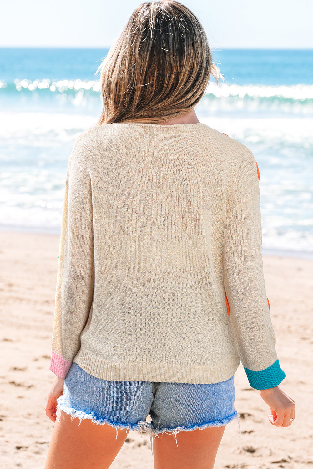 Jet Stream Contrast Flower Detail Colorblock Cuffed Loose Sweater Sweaters JT's Designer Fashion