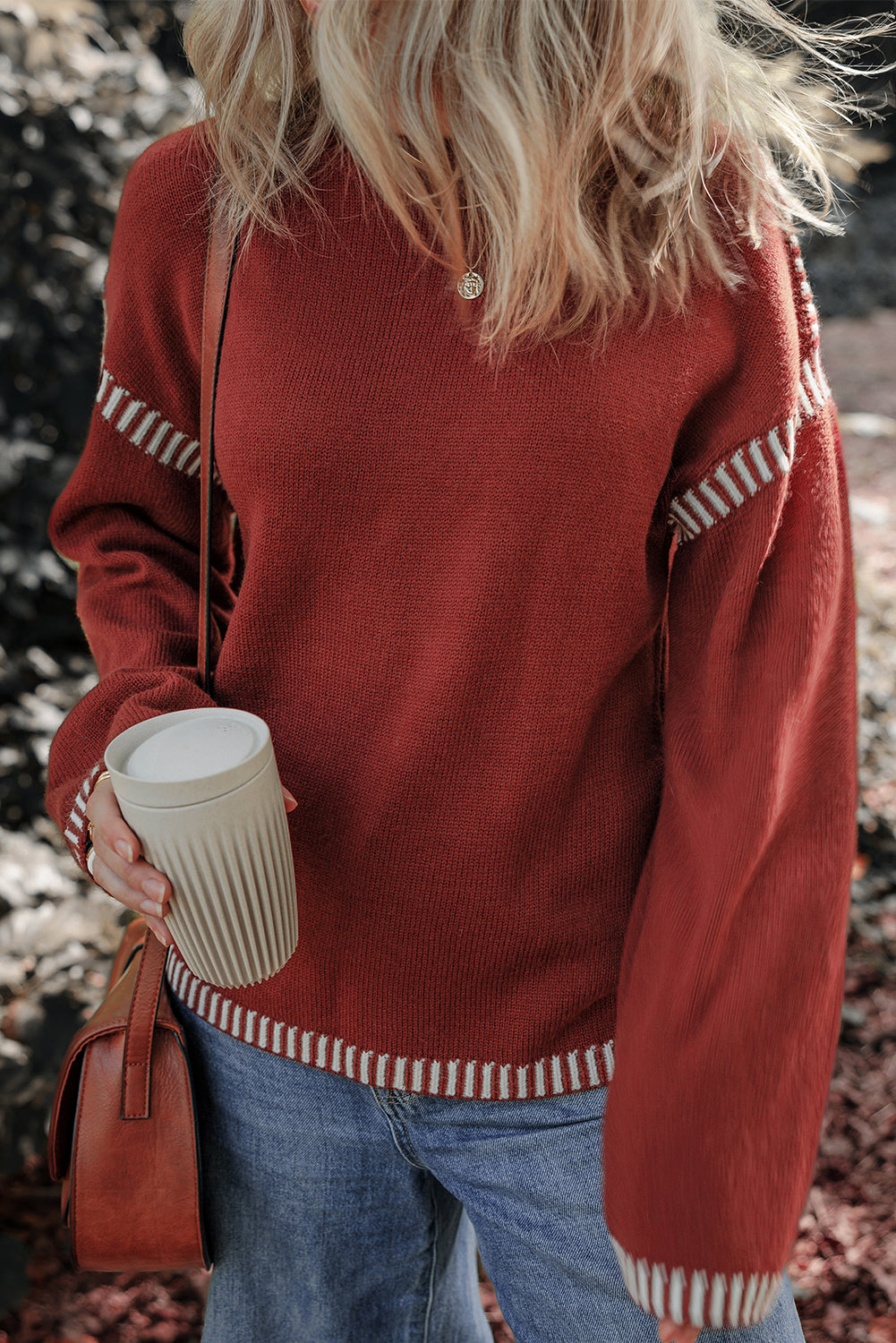 Red Dahlia Color Contrast Trim Drop Shoulder Crew Neck Sweater Sweaters JT's Designer Fashion