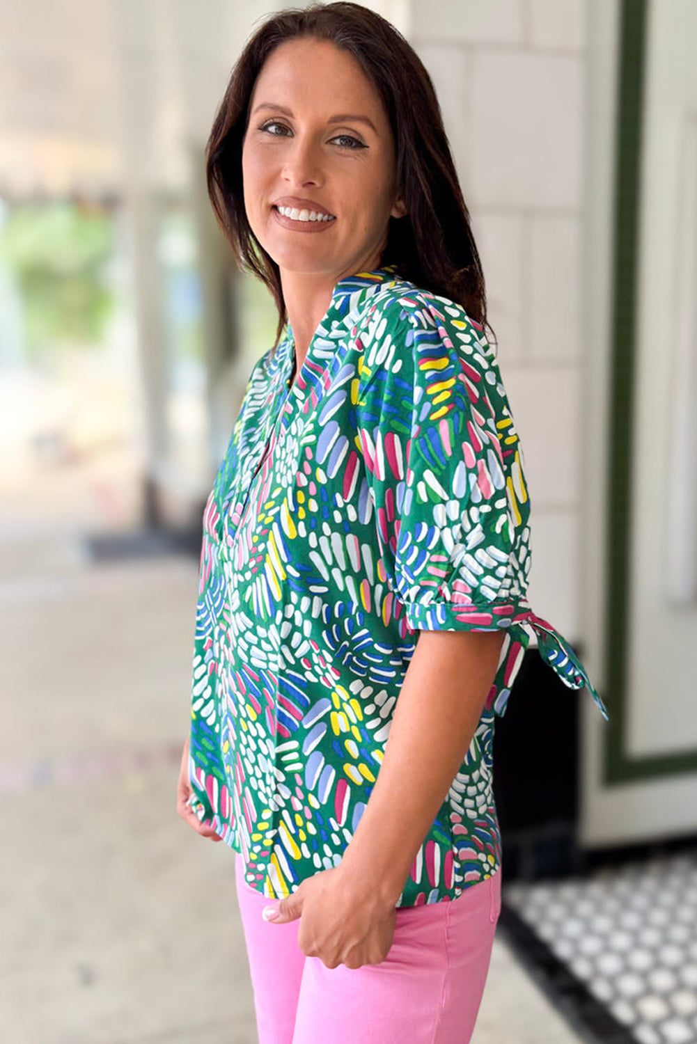 Green Abstract Print Knotted Short Sleeve Plus Size Blouse Plus Size Blouses & Shirts JT's Designer Fashion