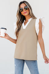 Pale Khaki Contrast V Neck Ruffled Textured Knit Top Pale Khaki 65%Polyester+30%Cotton+5%Elastane Blouses & Shirts JT's Designer Fashion