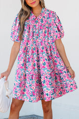Pink Floral Collared Half Placket Short Sleeve Loose Dress Floral Dresses JT's Designer Fashion