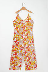 Orange Floral V Neck Wide Leg Sleeveless Jumpsuit Jumpsuits & Rompers JT's Designer Fashion
