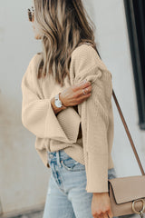 Parchment Solid Textured Knit Split Cuff Drop Shoulder Loose Sweater Sweaters JT's Designer Fashion