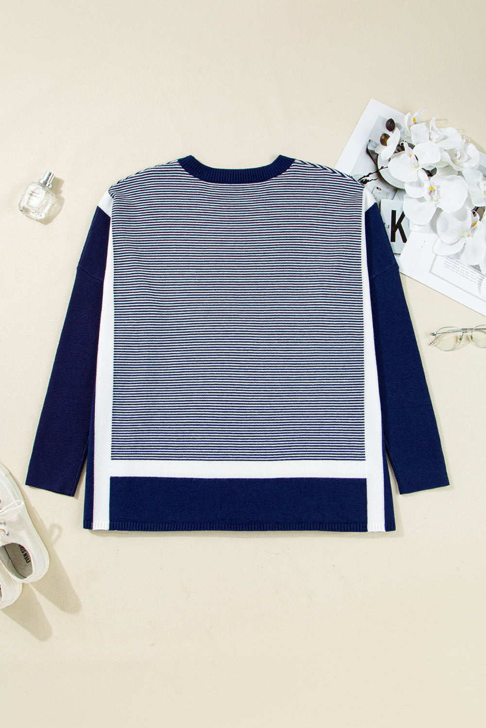 Blue Stripe Color Block Patchwork Dolman Oversize Tunic Sweater Sweaters JT's Designer Fashion
