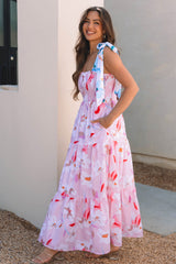 Pink Floral Print Knotted Shoulder Smocked Maxi Dress Floral Dresses JT's Designer Fashion