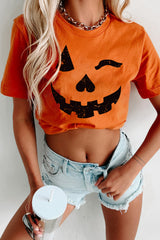 Orange Halloween Pumpkin Face Print Crew Neck T Shirt Graphic Tees JT's Designer Fashion