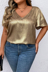Gold Plus Size Metallic V Neck Short Sleeve Blouse Plus Size Tops & Tees JT's Designer Fashion