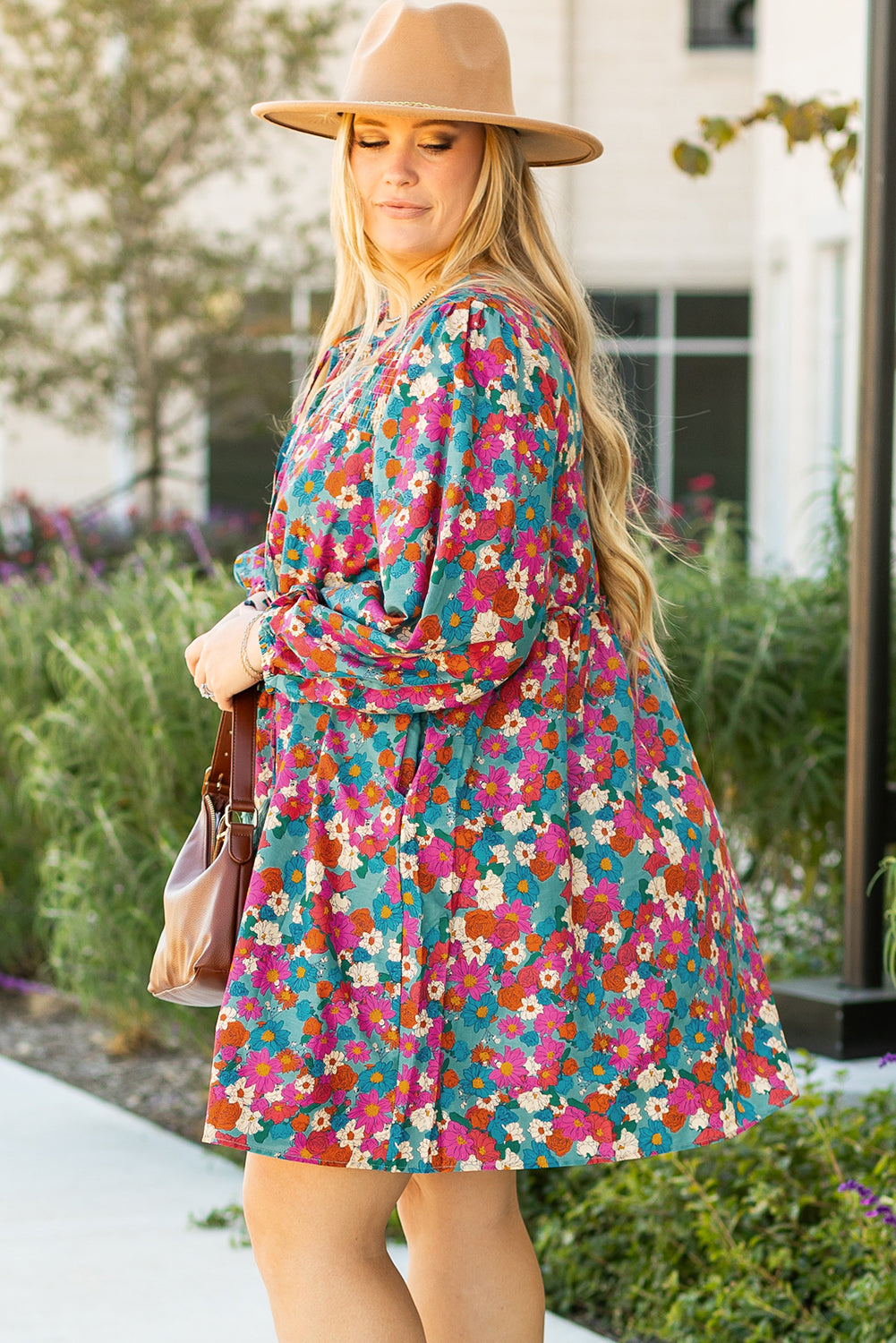 Sky Blue Plus Size Floral Print Shirred Ruffle Tiered Mini Dress Plus Size Mini Dresses JT's Designer Fashion