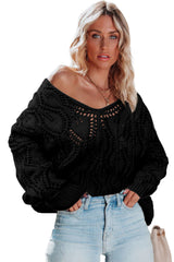 Black Crochet Knit Ribbed Hem Hollow-out Sweater Sweaters JT's Designer Fashion
