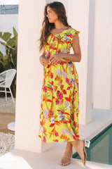 Yellow Cheetah Plant Print Shirred Button V Neck Long Dress Maxi Dresses JT's Designer Fashion