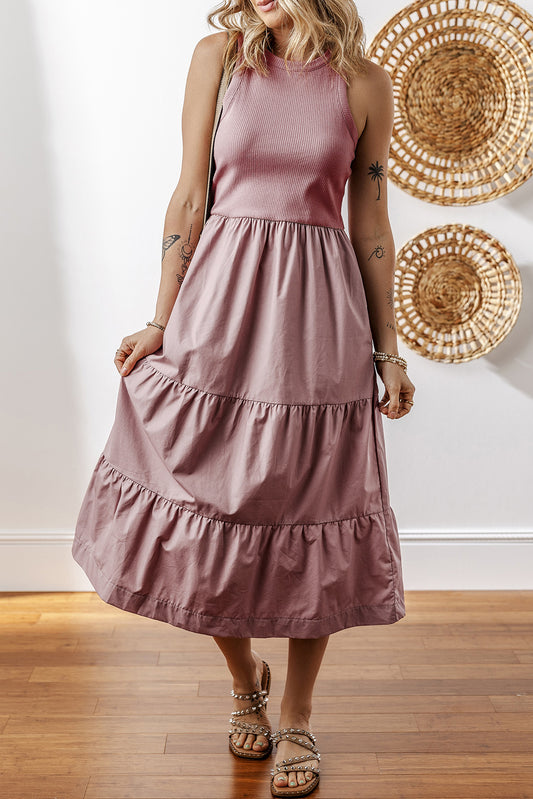 Sepia Rose Ribbed Vest Patchwork Tiered Midi Dress with Pockets Midi Dresses JT's Designer Fashion