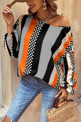 Orange Polka Dot Vertical Striped Printed Puff Sleeve Blouse Blouses & Shirts JT's Designer Fashion