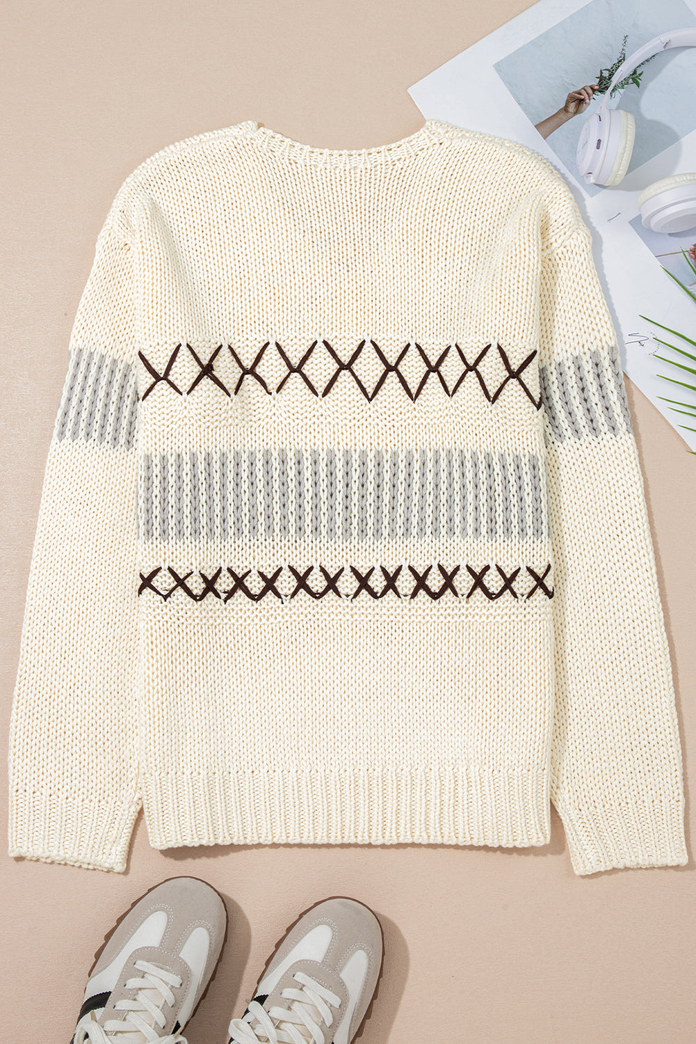 Parchment Contrast Stitch Detail V Neck Drop Shoulder Sweater Sweaters JT's Designer Fashion