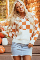 Gold Flame Checkered Split Neck Contrast Kangaroo Pocket Hooded Sweater Sweaters JT's Designer Fashion