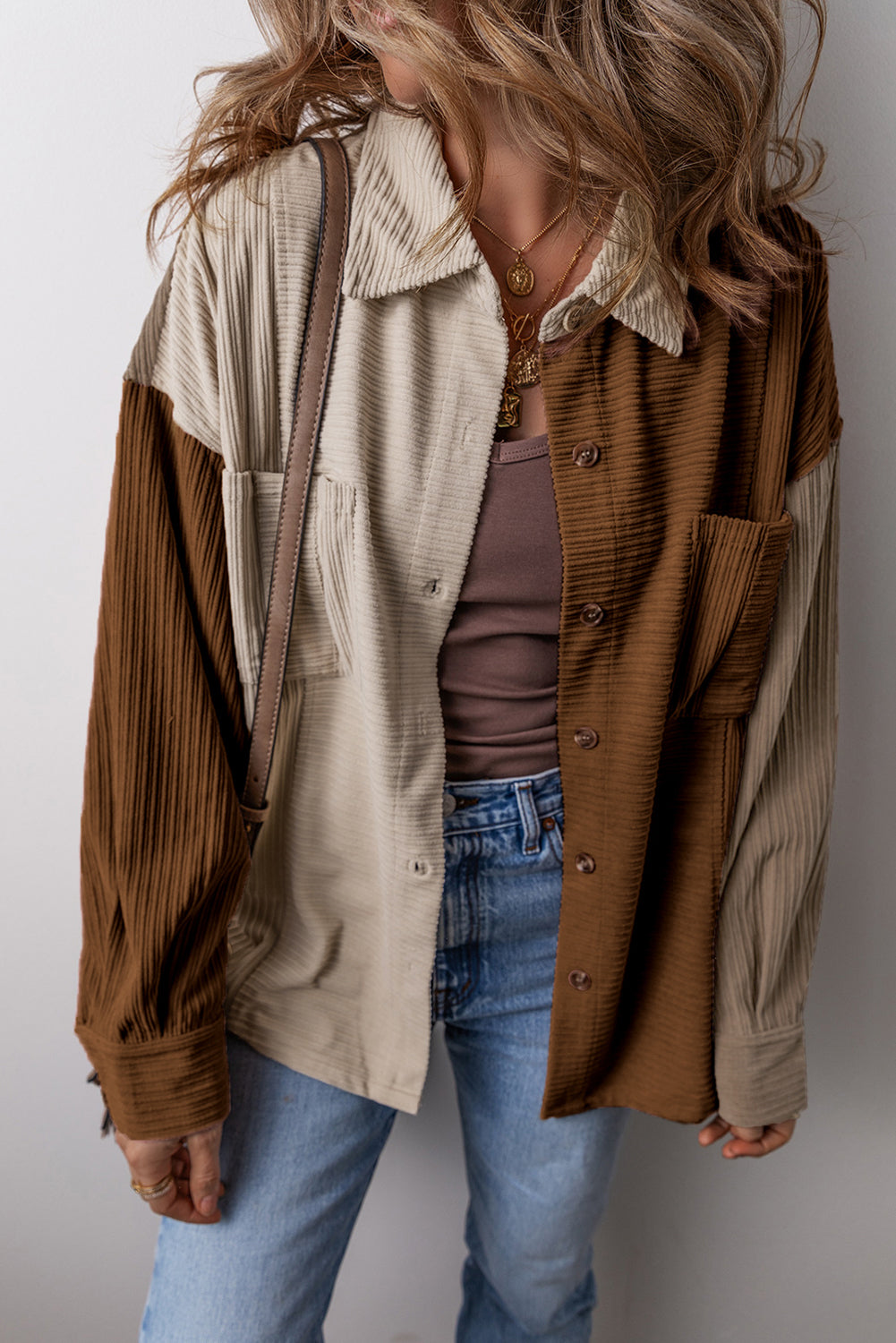 Brown Color Block Chest Pockets Buttoned Corduroy Shacket Jackets JT's Designer Fashion