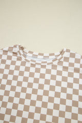 Khaki Checkered Long Sleeve Crop Top High Waist Skort 2pcs Set Short Sets JT's Designer Fashion
