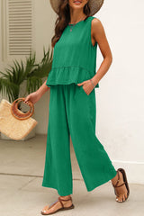 Green Solid Color Ribbed Ruffle Tank Top and Pants Set Pant Sets JT's Designer Fashion