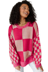 Rose Red Mixed Checkered Pattern Drop Shoulder Loose Sweater Sweaters JT's Designer Fashion