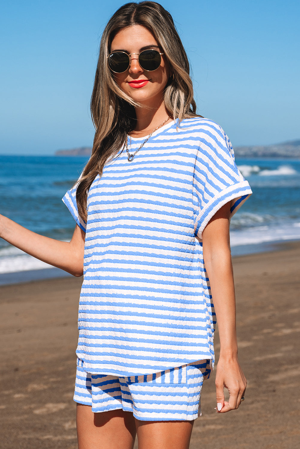 Sky Blue Stripe Knitted Short Sleeve Top and Drawstring Shorts Set Short Sets JT's Designer Fashion