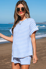 Sky Blue Stripe Knitted Short Sleeve Top and Drawstring Shorts Set Short Sets JT's Designer Fashion