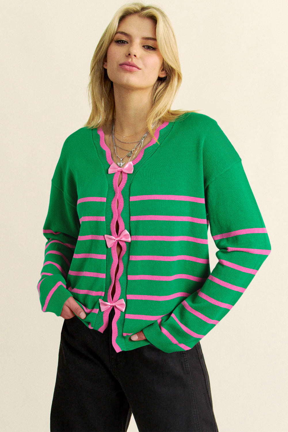 Green Stripe Ribbon Cute Bow Detail Sweater Knit Cardigan Cardigans JT's Designer Fashion