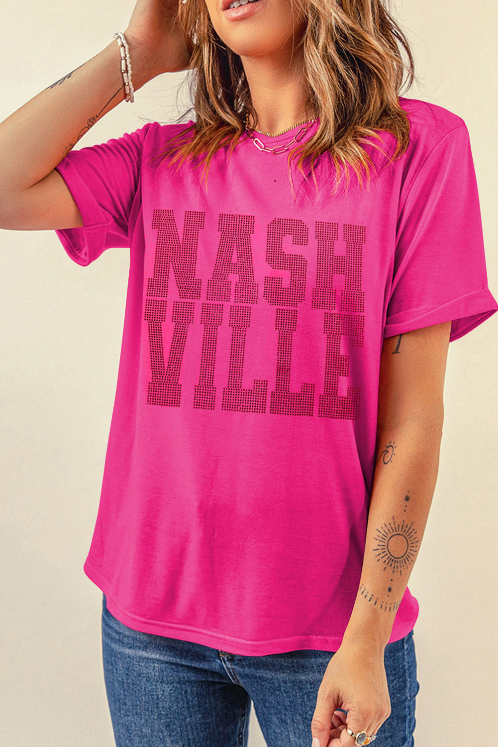 Rose Red NASHVILLE Rhinestone Crew Neck Graphic Tee Graphic Tees JT's Designer Fashion