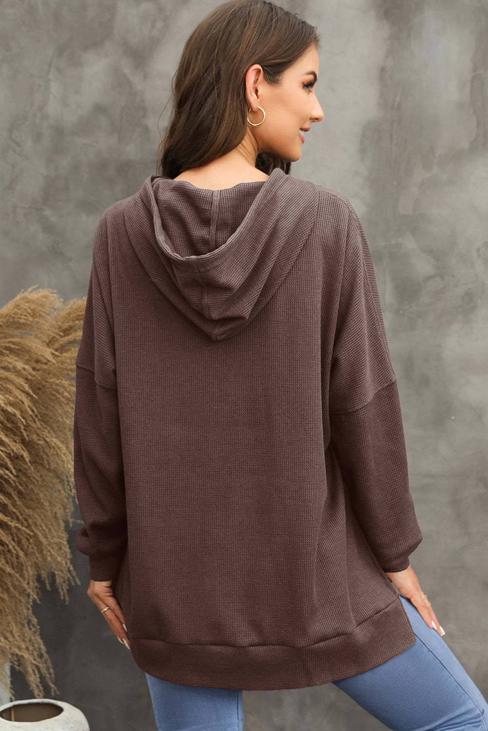 Coffee Waffle Knit Fleece Lined High Low Oversized Hoodie Sweatshirts & Hoodies JT's Designer Fashion