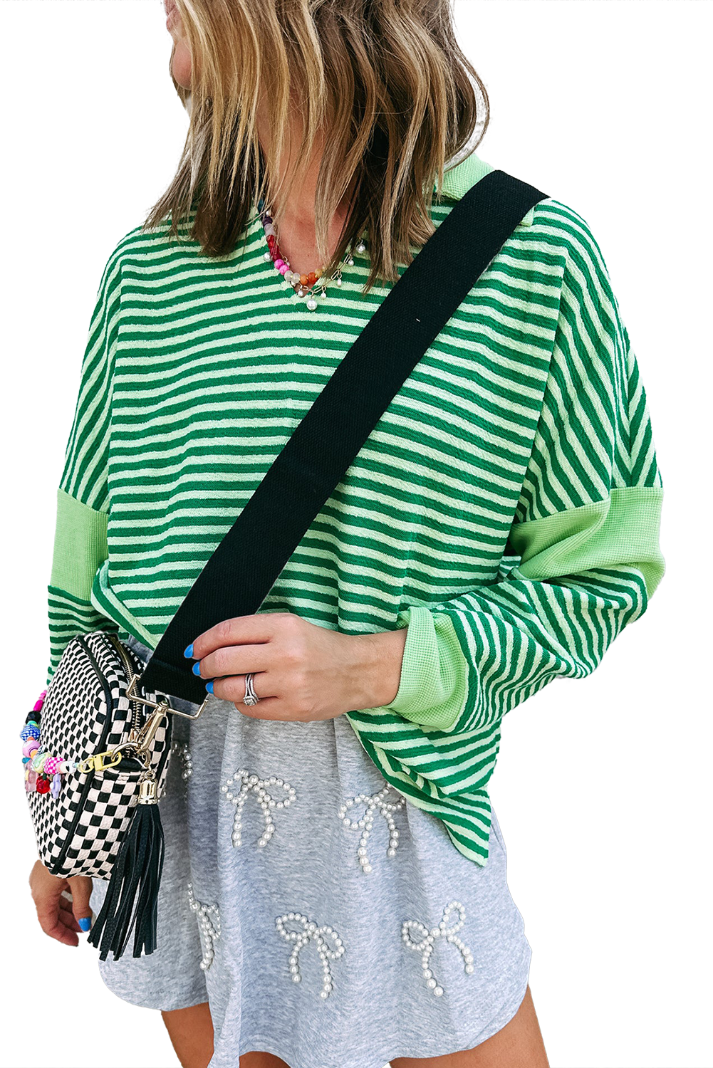 Green Stripe Turn-Down V Neck Patchwork Loose Top Long Sleeve Tops JT's Designer Fashion