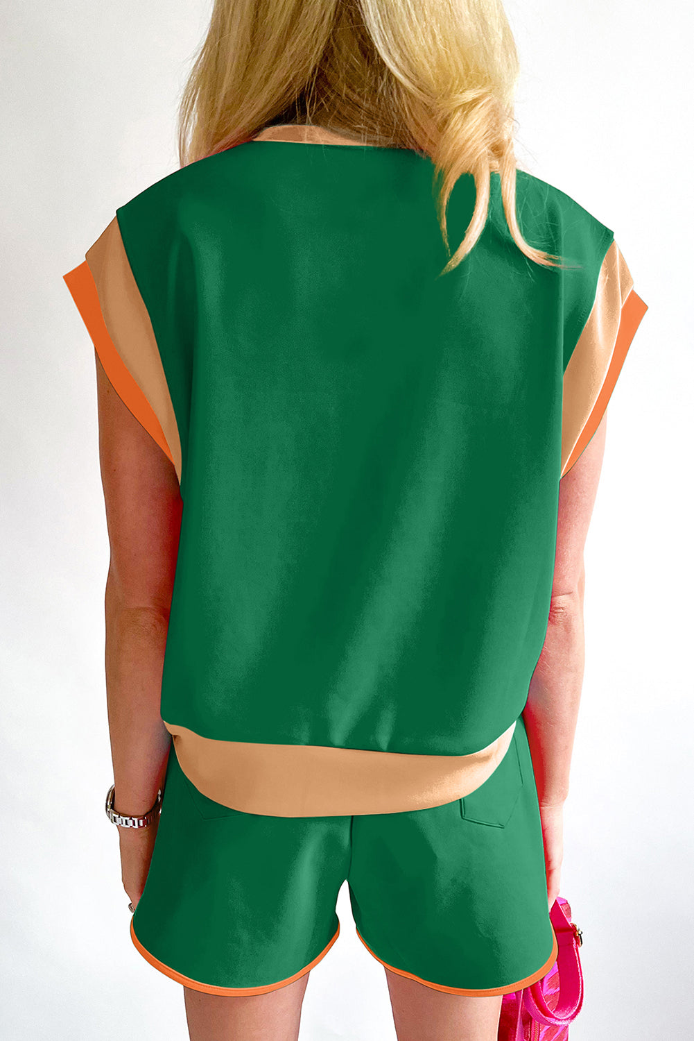 Dark Green Contrast Trim Cap Sleeve Tee Shorts Set Short Sets JT's Designer Fashion