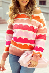 Rose Red Wave Striped Balloon Sleeve Drop Shoulder Sweater Sweaters JT's Designer Fashion