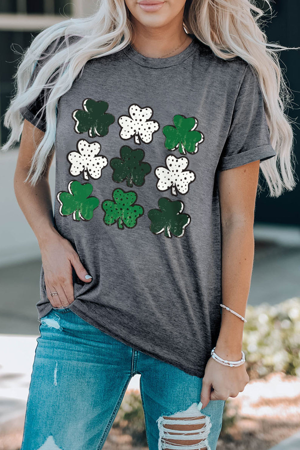 Gray Dotted Clovers Print Round Neck T Shirt Graphic Tees JT's Designer Fashion