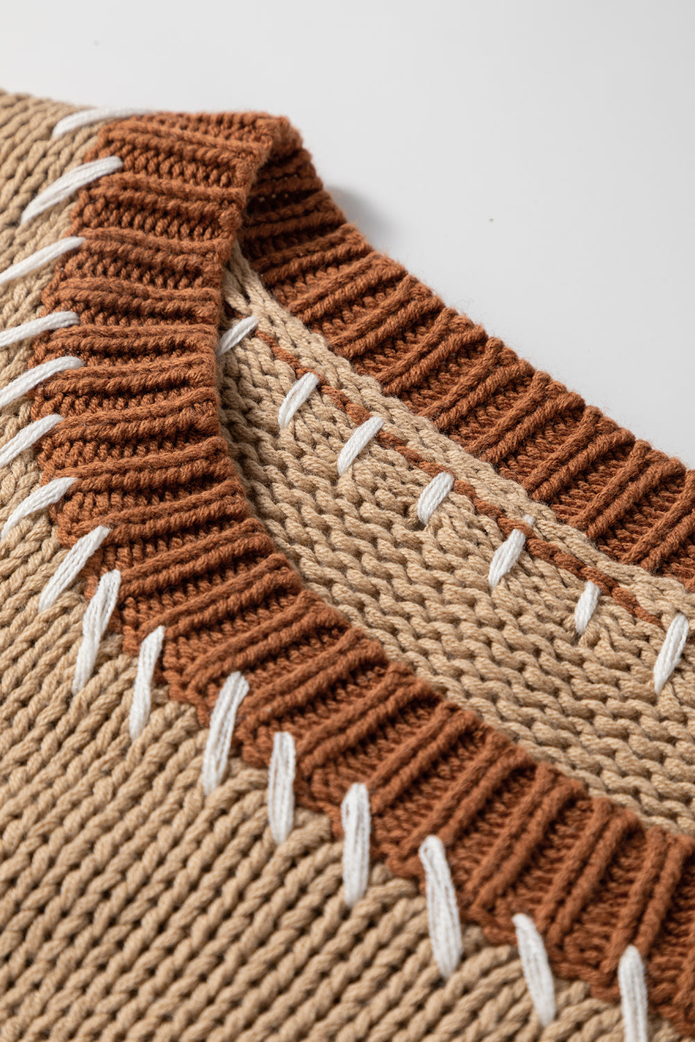 Light French Beige Contrast Stitch Detail Color Block Knitted Plus Size Sweater Plus Size Sweaters & Cardigans JT's Designer Fashion