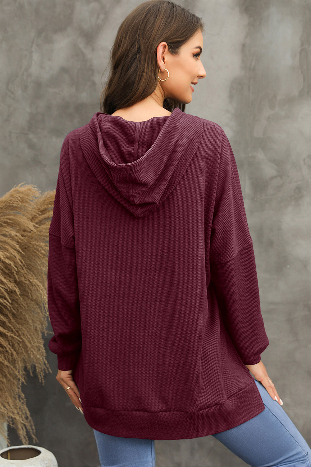 Red Dahlia Waffle Knit Fleece Lined High Low Oversized Hoodie Sweatshirts & Hoodies JT's Designer Fashion