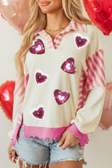Pink Stripe Patchwork Sequin Heart Pattern Long Sleeve Collared Split Top Pink Stripe 65%Polyester+35%Cotton Graphic Sweatshirts JT's Designer Fashion