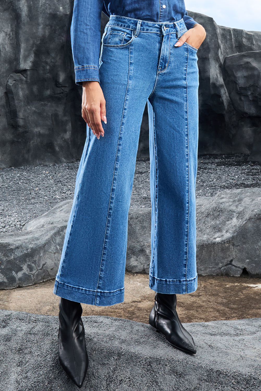 Dark Blue Plain Seam Detail Flared Bottom Ankle Length Jeans Jeans JT's Designer Fashion