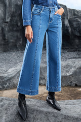 Dark Blue Plain Seam Detail Flared Bottom Ankle Length Jeans Jeans JT's Designer Fashion