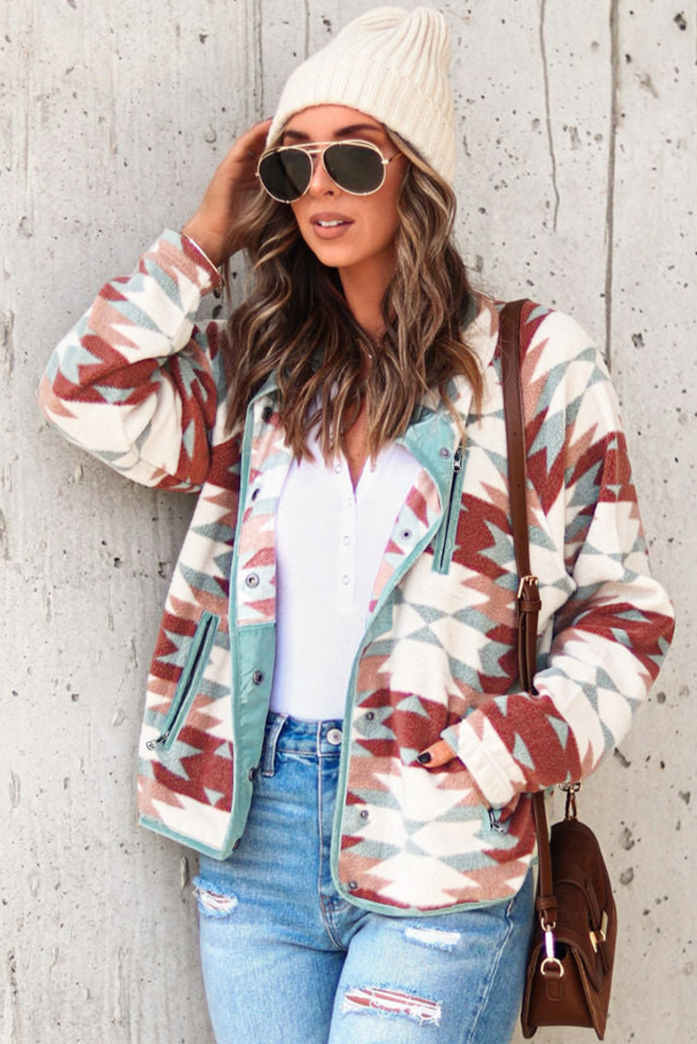 Fiery Red Western Aztec Buttoned Zipper Pockets Fleece Jacket Jackets JT's Designer Fashion
